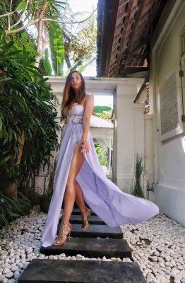 Manuela Lupascu Almaaz Couture Constanta Bali Fashion Travel Blogger | This violet dress from Almaaz Couture looks stunning | Designer Roman