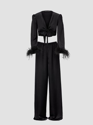 Almaaz Couture Contacteaza-ne sau Comanda Online | Almaaz Couture Black Feather Set Camasa si Pantalon Constanta Romania